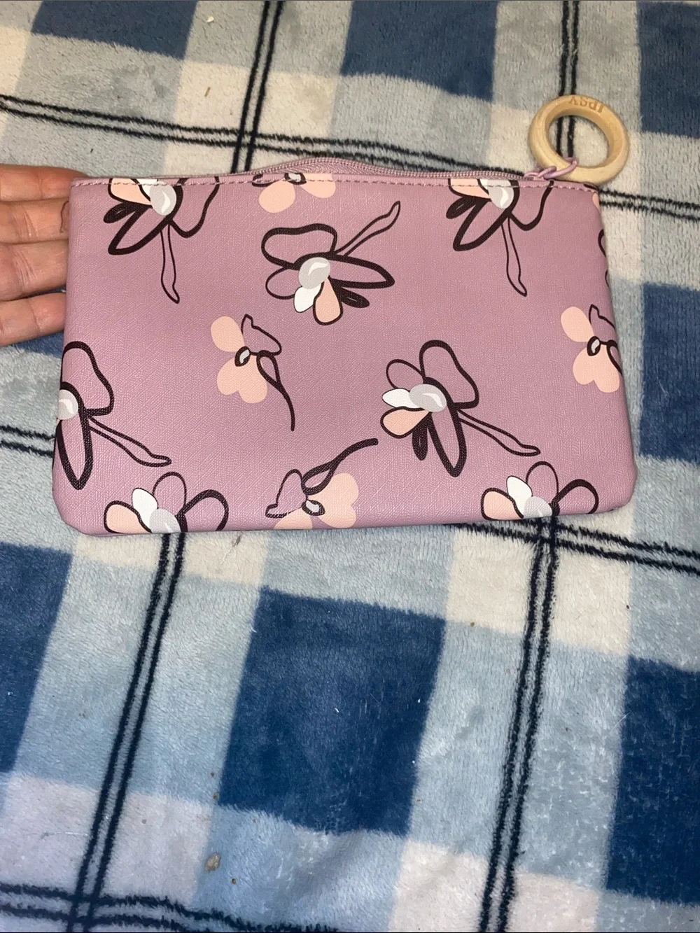 ipsy Pink Floral Wristlet Pouch with Wooden Ring